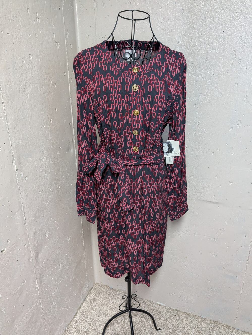 Vintage Jaclyn Smith NWT Geometric Rayon Belted Dress Gold Buttons Medium